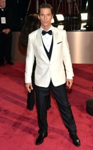 Matthew McConaughey in Smart White Tuxedo from Dolce & Gabbana-love the white jacket with the black tie and vest.